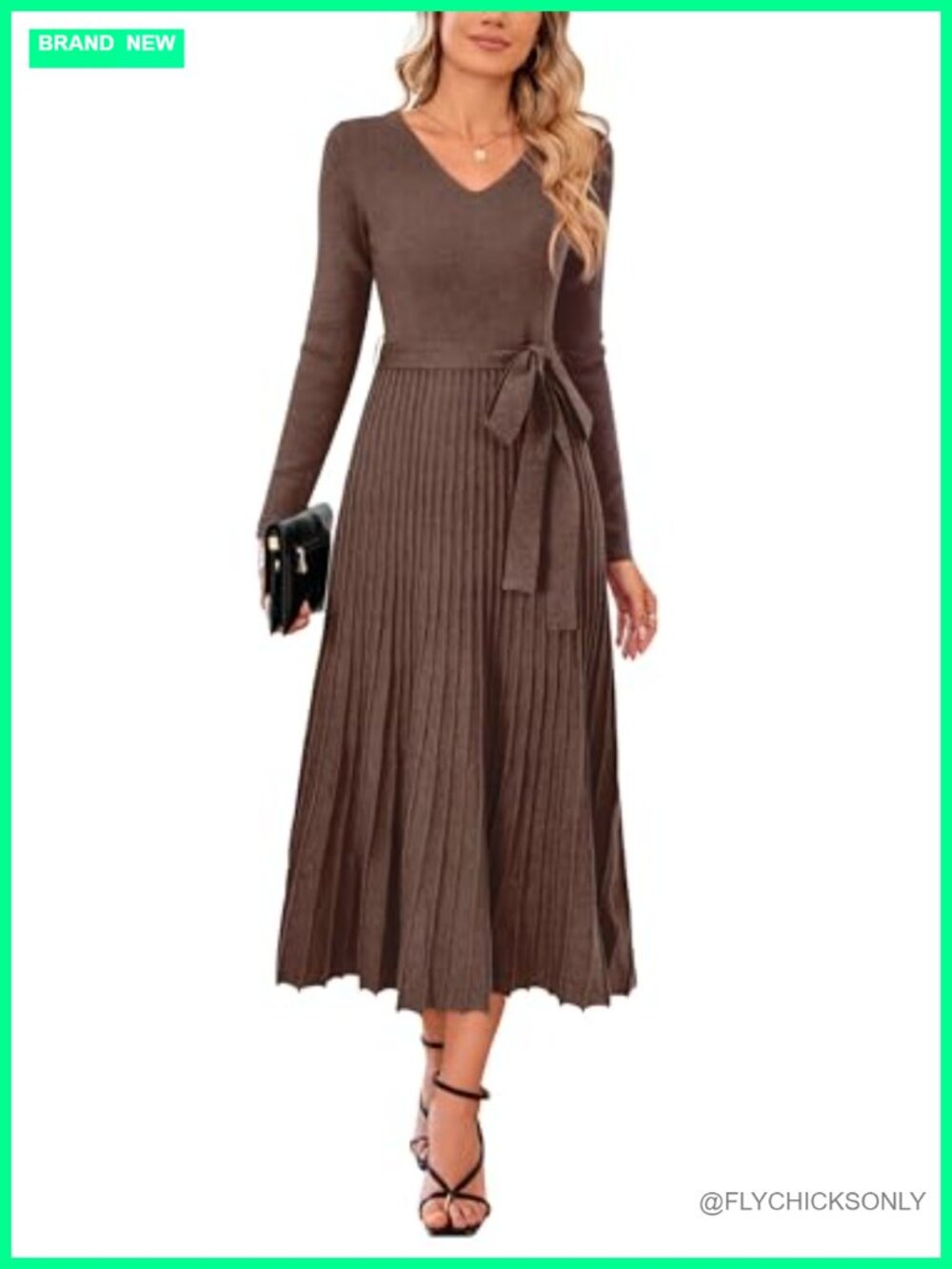 Wool Blend Tie Waist Pleated A-Line V-Neck Long Sleeve Sweater Dress